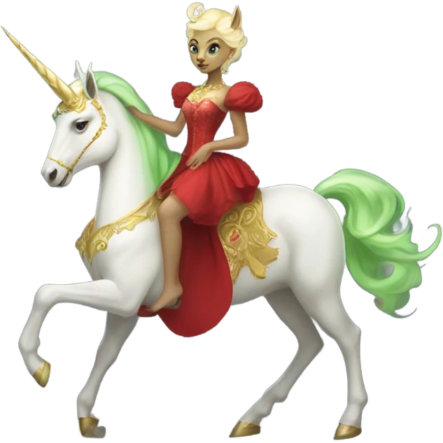 "galora green blonde alien woman" in red Victorian elegant dress, full body, rides unicorn gold and white
(NO WOKE)
 emoji