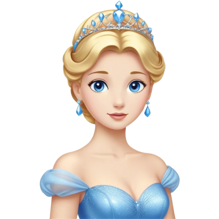 Cinematic Stunning Cinderella Portrait Emoji, Radiant in her sparkling blue ball gown, golden hair in a perfect updo, soft blue eyes full of wonder, glistening tiara, glowing with an ethereal beauty, regal yet kind, a dreamlike aura surrounds her, capturing the essence of a fairy tale princess, elegant and breathtaking! emoji