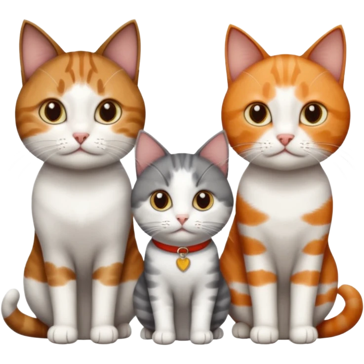 3 different coloured short haired cats including; a dark brown tabby and white cat, and a dark grey and white and a ginger and white emoji