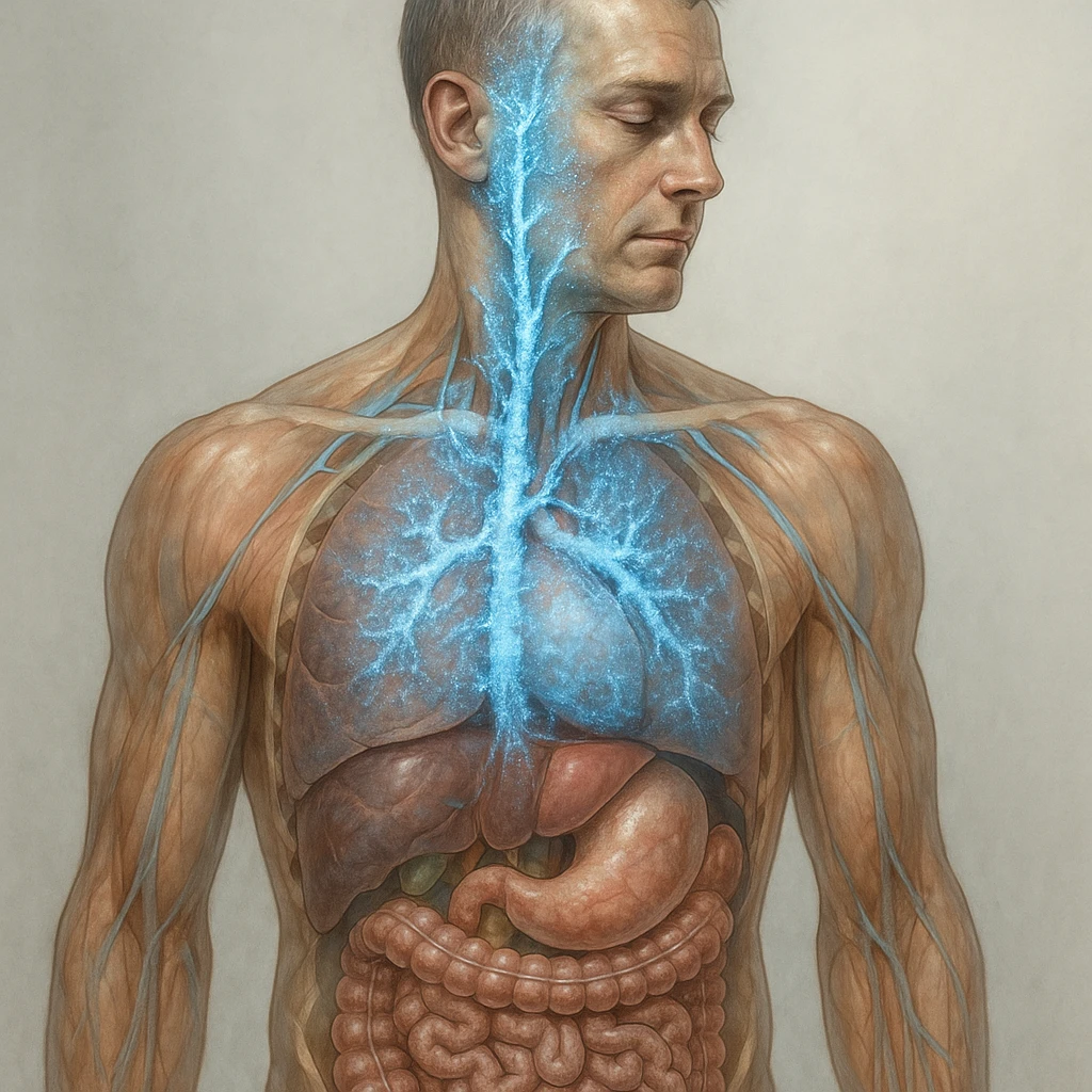 realistic detailed anatomical image of human body highlighting the vagus nerve, clear visible path of the vagus nerve, clinical atmosphere, visual effect suggesting improvement due to cold exposure such as blue glow or ice around the nerve, natural colors, transparency showing internal organs, neutral background emoji