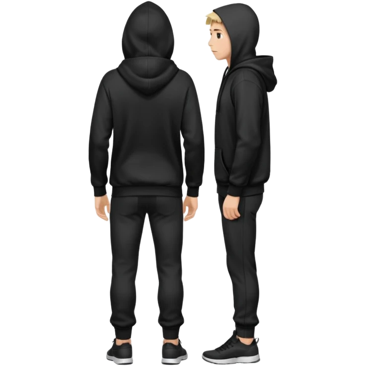 fullbody Mysterious shy caucasian man in black hoodie on head, hands in pockets and black pants rear backview emoji