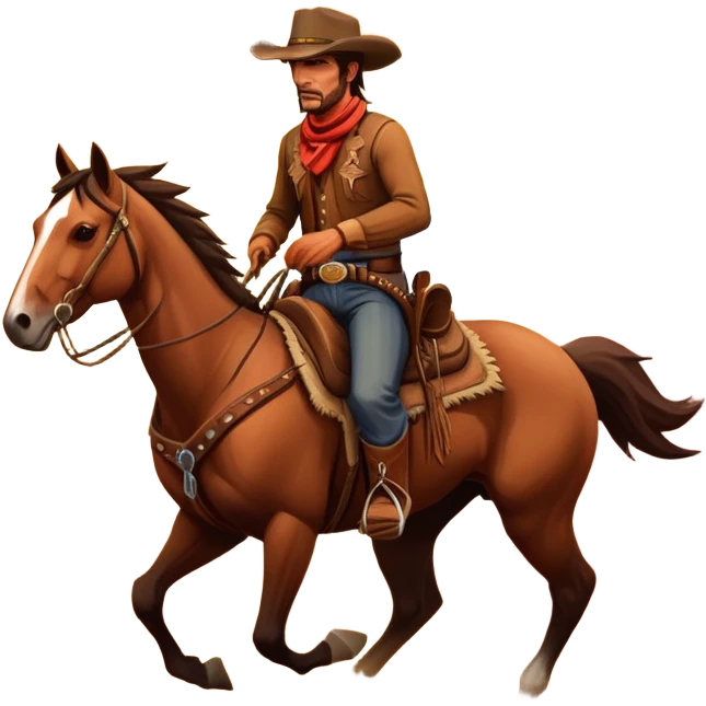 An icon representing an adventure game, inspired by Red Dead Redemption II. The design features a rugged cowboy riding a galloping horse across an open prairie, with towering mesas, cacti, and a golden sunset in the background. The atmosphere conveys freedom, action, and the thrill of the untamed frontier. Transparent background. emoji