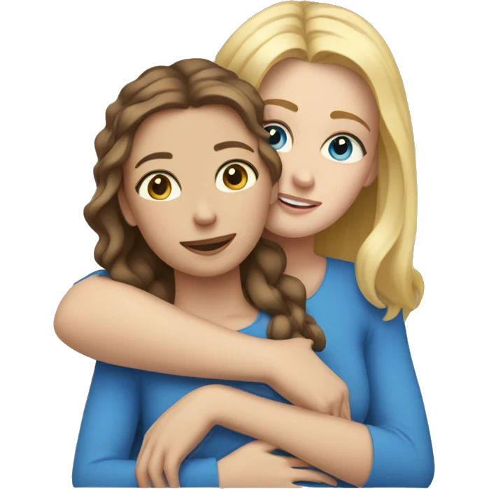 Mom with brown hair & blue eyes hugging daughter with blonde hair & blue eyes emoji