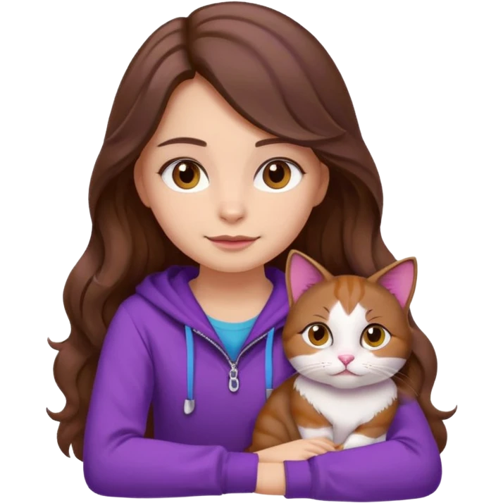 a girl with long wavy brown hair and brown eyes, wearing purple clothes, sitting with a three-color cat, emoji style emoji
