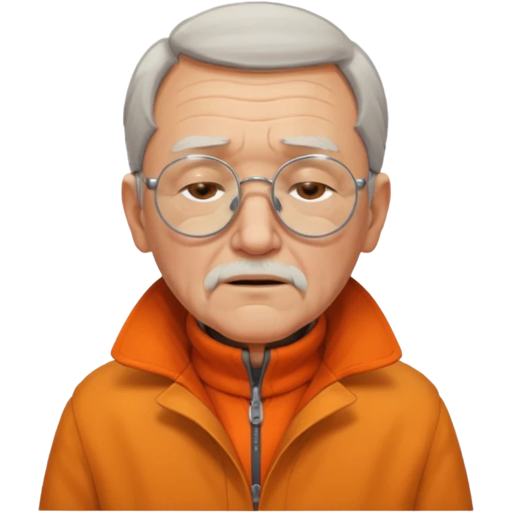 old man with orange high collar shirt and a thick coat wearing glass while closing his eyes emoji