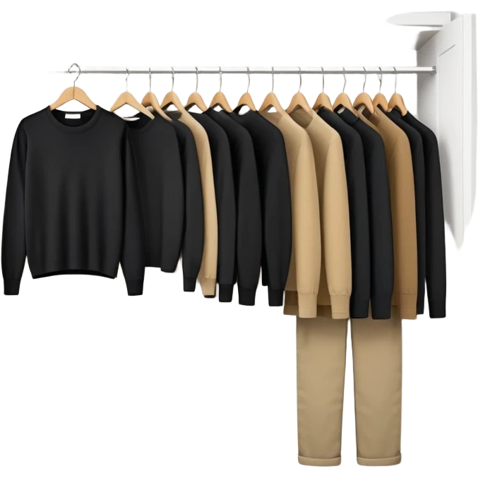 Cute closet with door ajar revealing black long sleeve shirts, sweaters, and khaki work pants hanging organized emoji