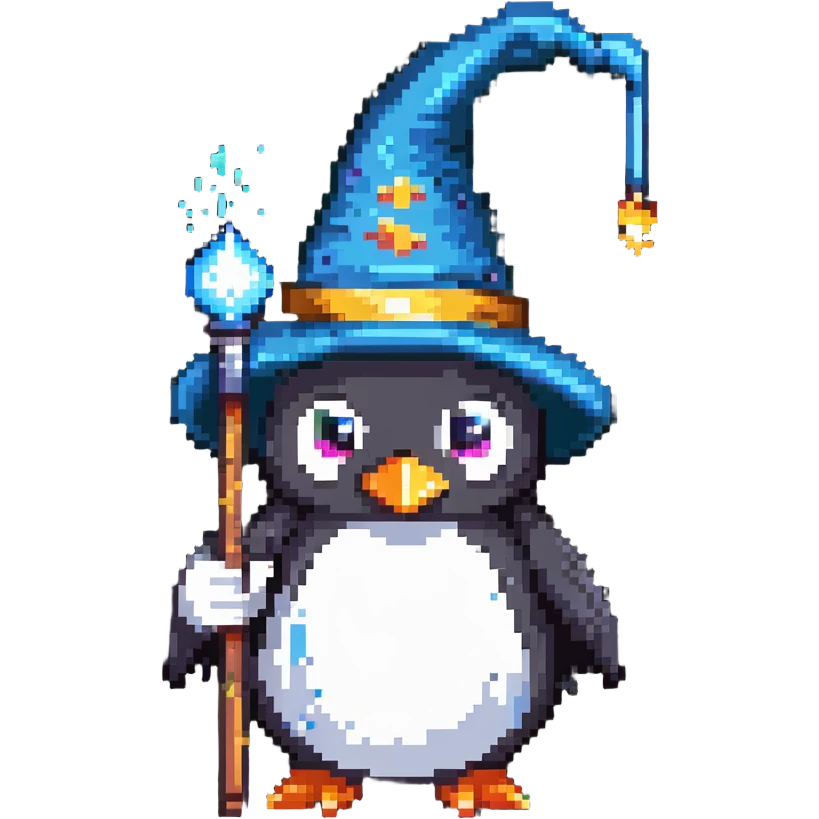 penguin wizard with magic wand and wizard hat emoji