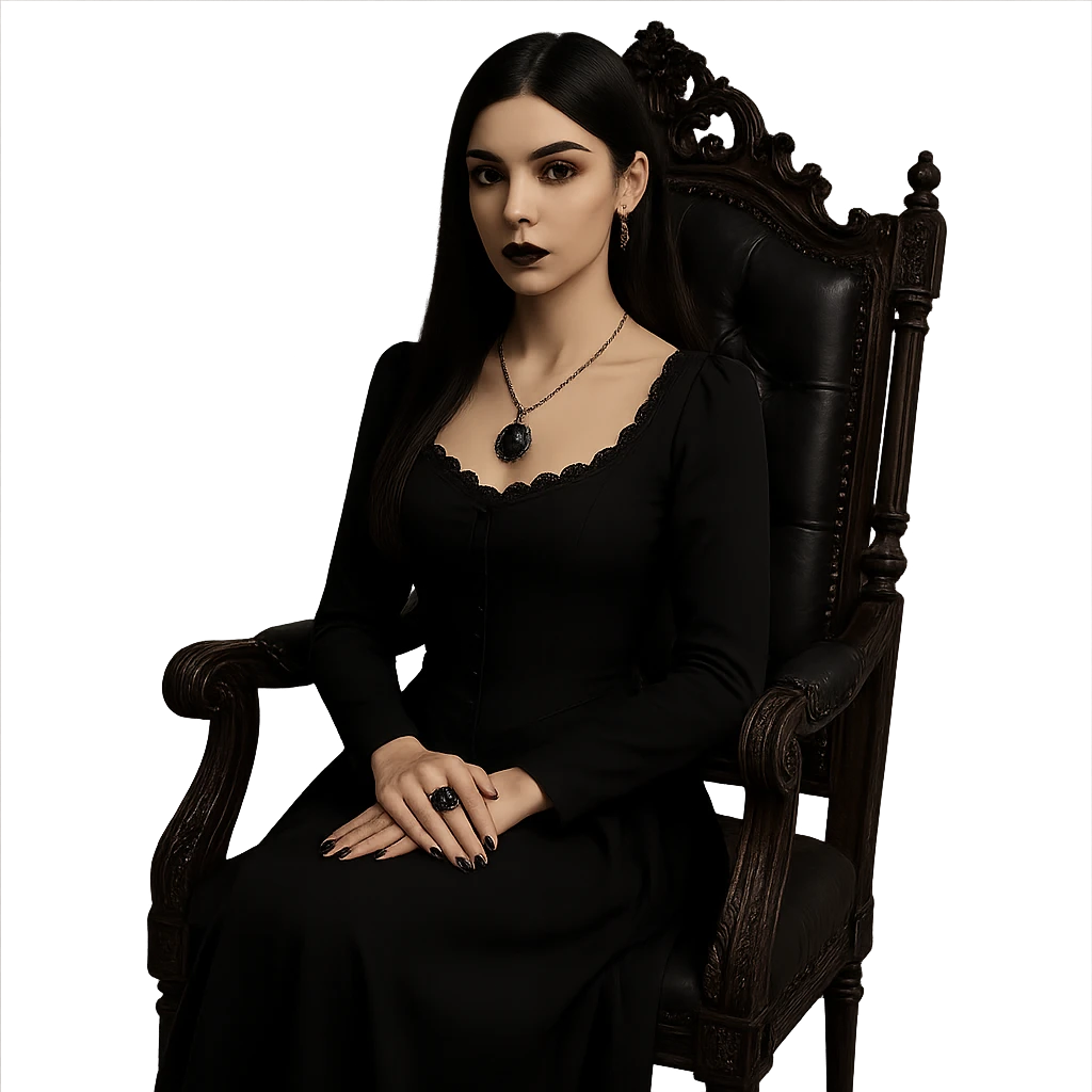 Change the image to a sitting pose of a gothic girl sitting on a gothic chair with an elegant posture. Preserve the transparent background. The style should remain gothic and elegant. emoji