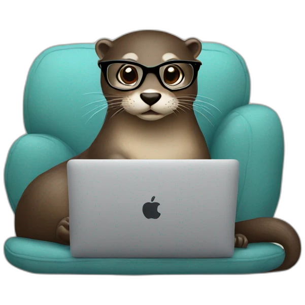 female otter with glasses use a macbook while seated against a pillow emoji
