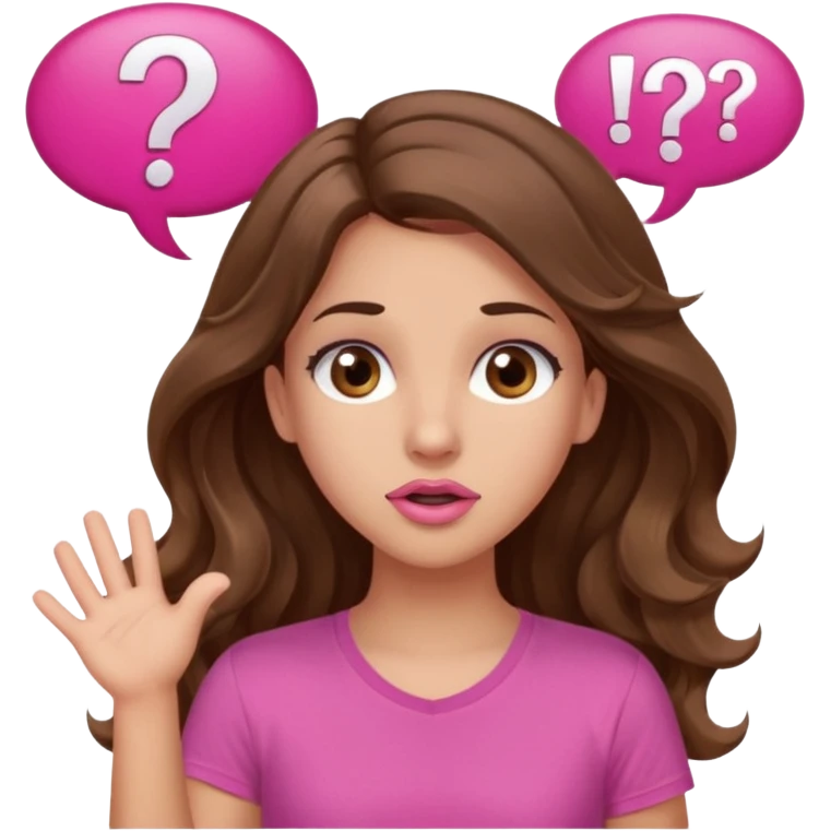 girl with long wavy brown hair, brown eyes, light to medium complexion, in a pink shirt, pink lips, long lashes, shugging, question mark one speech bubble emoji