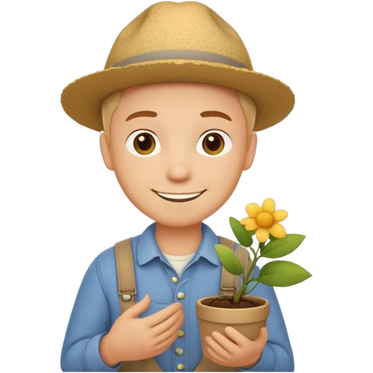 A calm, friendly male cartoon character with light skin, simple farm clothes, warm smile, holding a small plant or flower, stylized as a cute, readable emoji icon with soft earthy color emoji