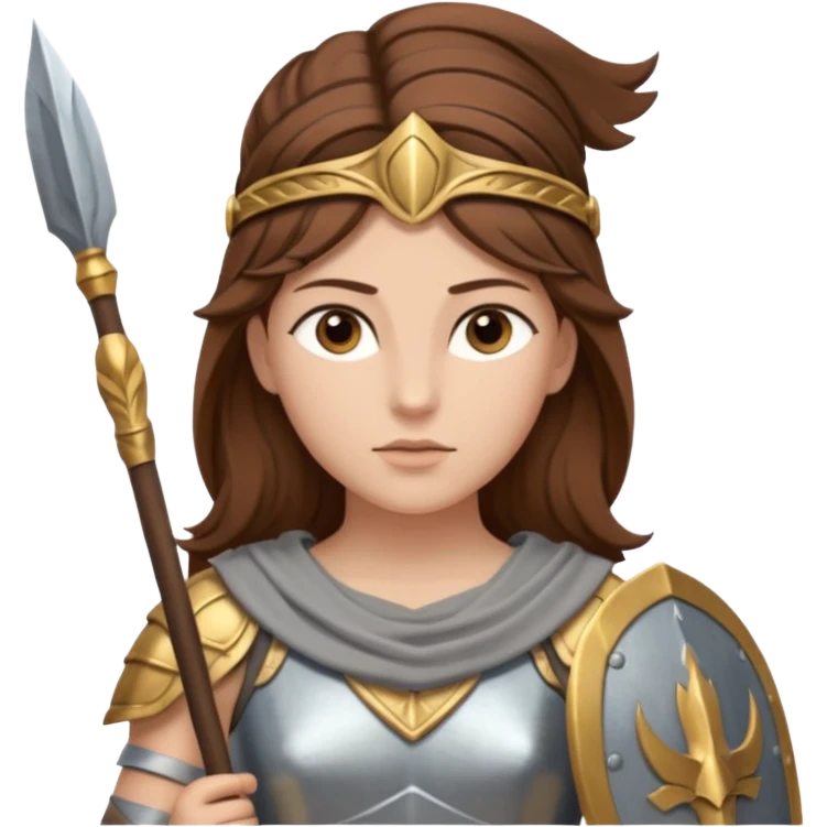 brown haired Athena the Greek goddess of disciplined, strategic warfare, calm, commanding figure leading with intelligence not force. wears light armour carries a spear, symbolising protection precise judgement. strategy, not aggression, embodying clarity, foresight and decisive action. emoji