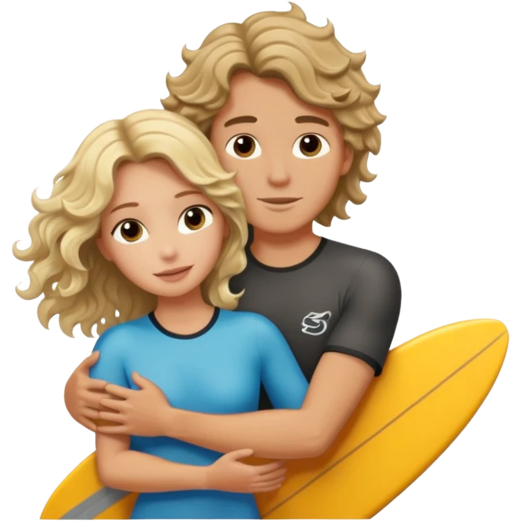Wavy haired brunette hugging blond surfer dude emoji