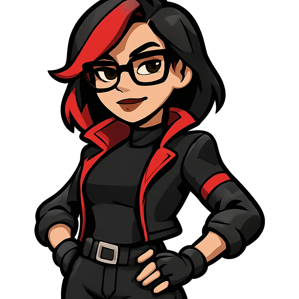 cool female character with black and red hair, glasses, and a confident pose, inspired by Undercover Kor from Fortnite, in Jiiby-Style emoji