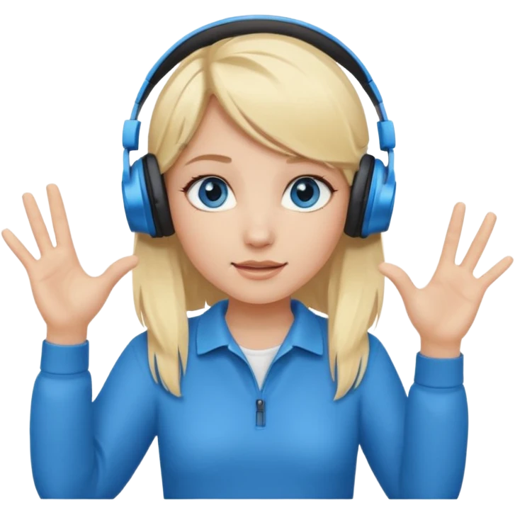 girl with blonde hair and blue eys, having on ears heaphones, with heands telling what  emoji