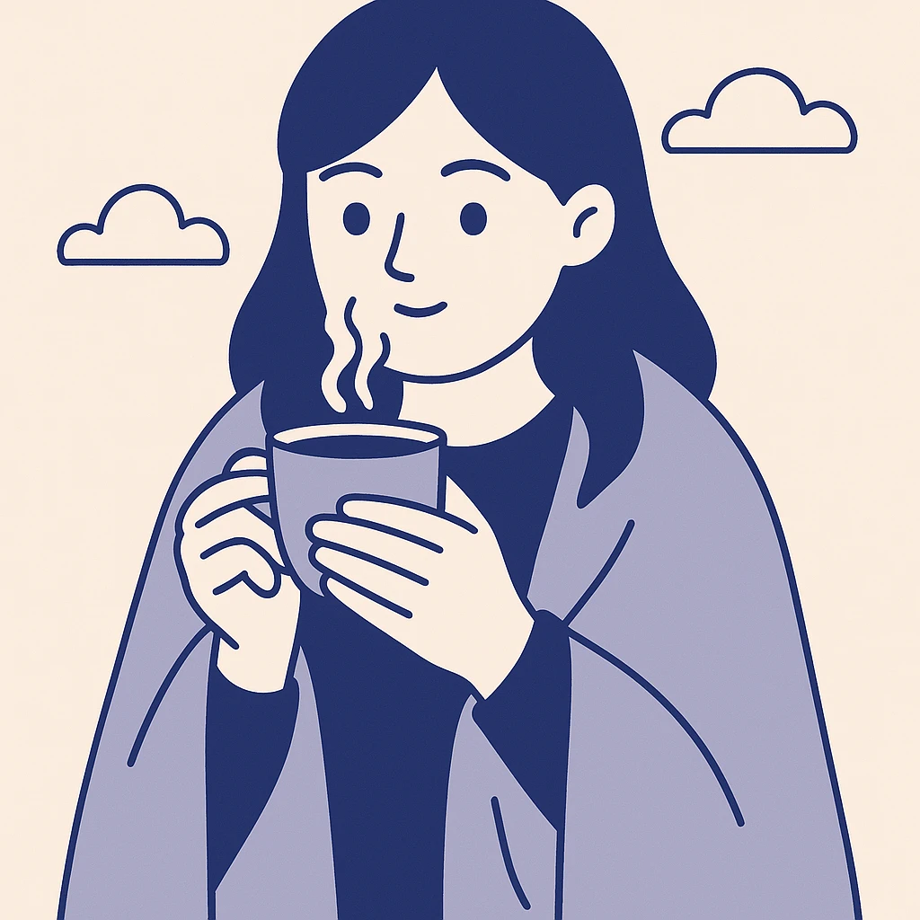 girl with brown hair and light brown eyes drinking coffee from a cup, wrapped in a blanket, cartoon style emoji