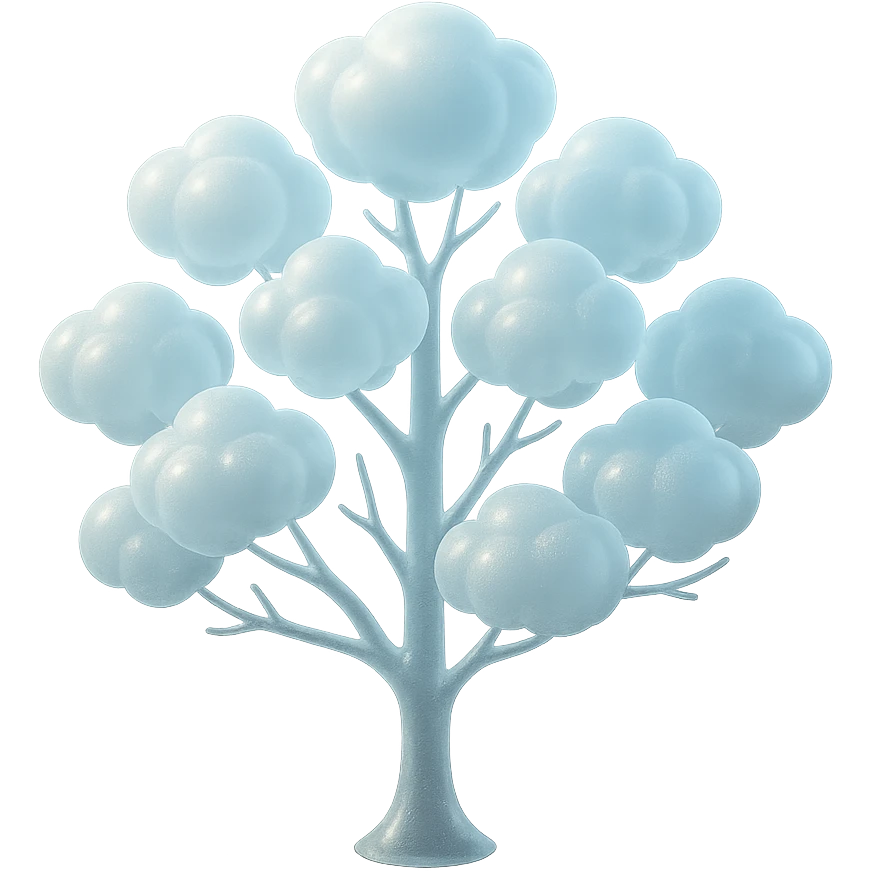 one tree with many branches and a white trunk, crown made of small very bright white fluffy convex clouds, matte glass style emoji