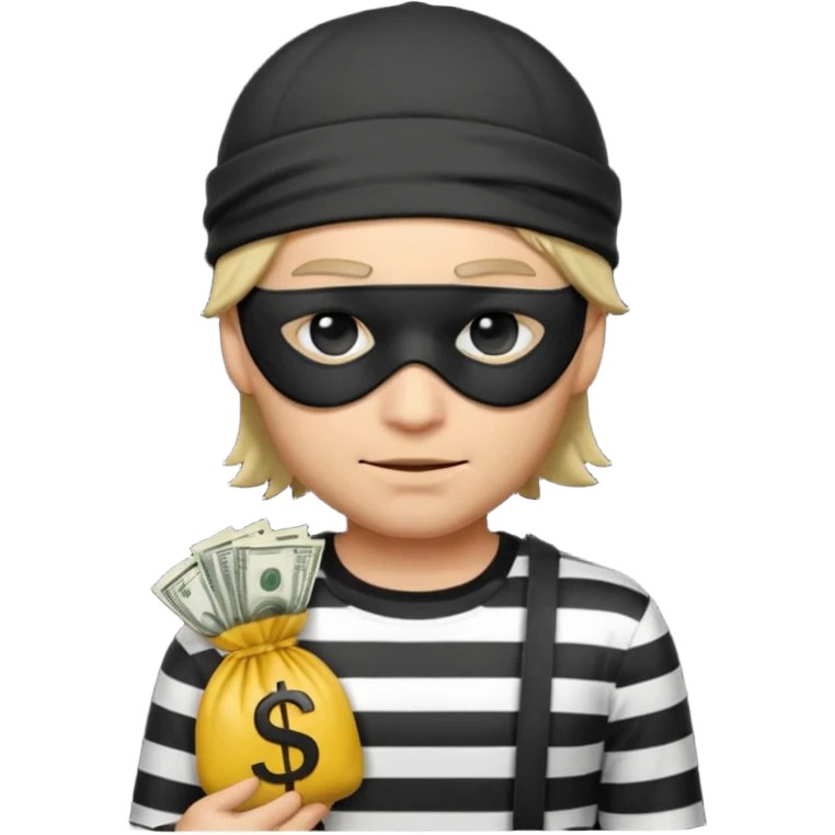 a short ios emoji-style portrait of a classic burglar, a black eye mask (looks like a blindfold) and a black-and-white striped shirt. emoji-like hair, black hat, ONE bag of money 💰 with a dollar sign in a right corner emoji