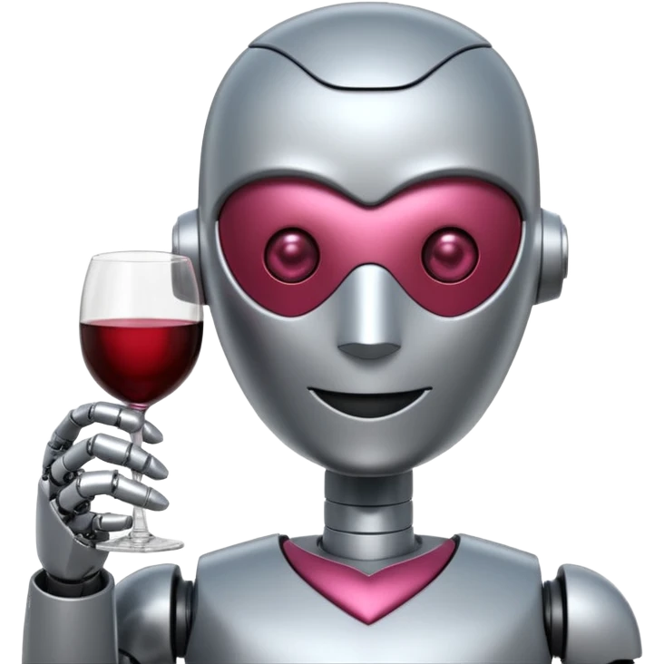 Un robot elegante con vino en la mano y una sonrisa tímida y unos ojos de corazónes rosas emoji