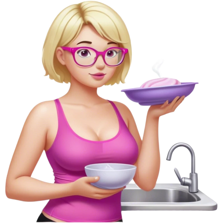 Seductive, Curvy fair and freckled skinned woman, short blond hair, small light purple reading glasses, washing dishes, short flowing sheer hot pink tank top, without undergarments SFW, black yoga pants, thick booty emoji