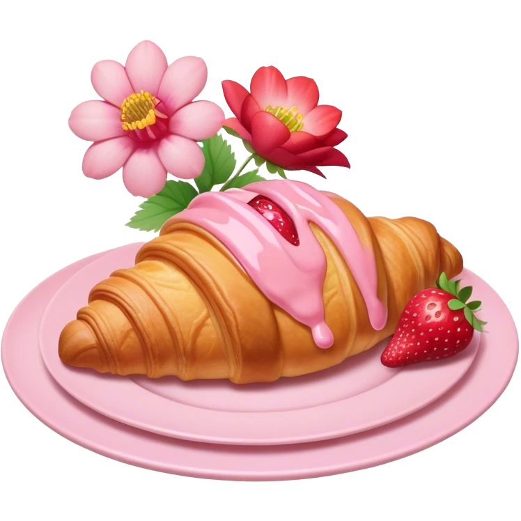 A croissant with pink glaze on it and strawberrys on top with a light pink plate with flowers emoji