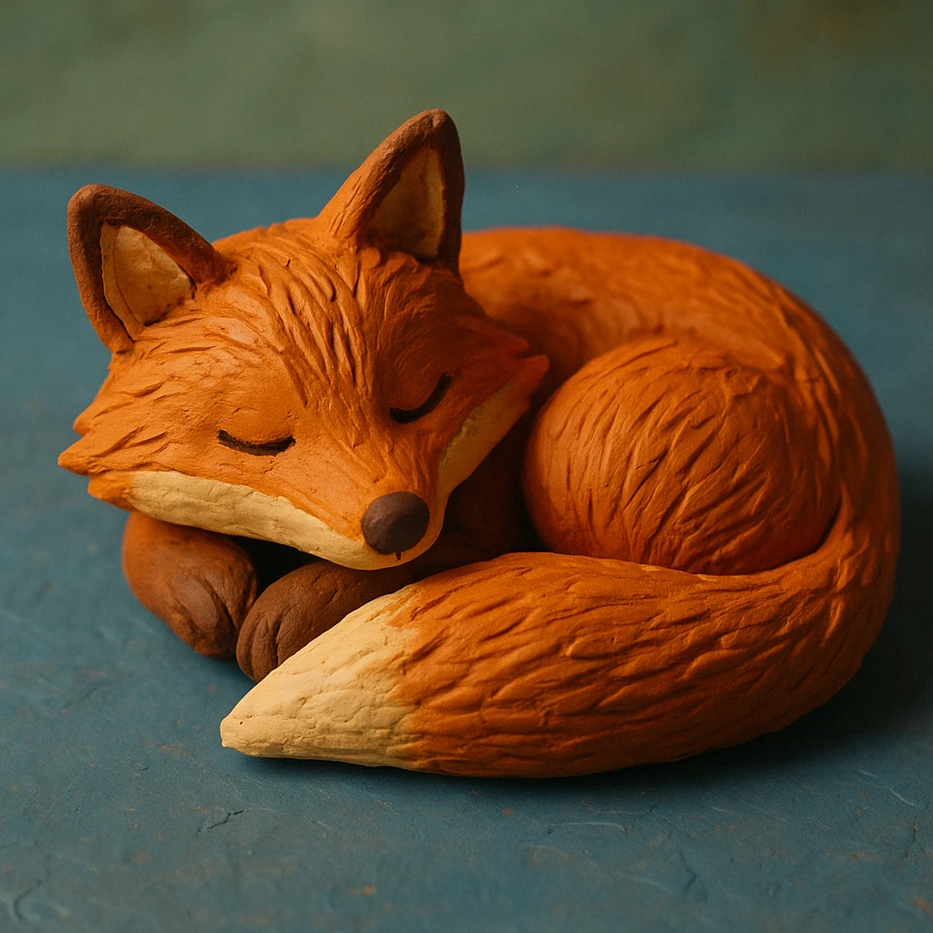 fox curled up sleeping, soft lighting, vibrant colors, detailed fur, claymation style emoji