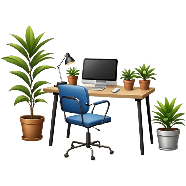 imagen de una oficina moderna con escritorio, silla, notebook, agenda y una planta con un cartel que diga en español FUERA DE OFICINA emoji