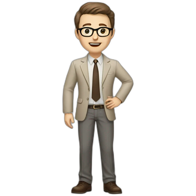 Full height Actively Gesturing Pale skinned fit man with dark brown hair in gray jacket, beige office shirt, brown tie, brown pants and vintage glasses. emoji