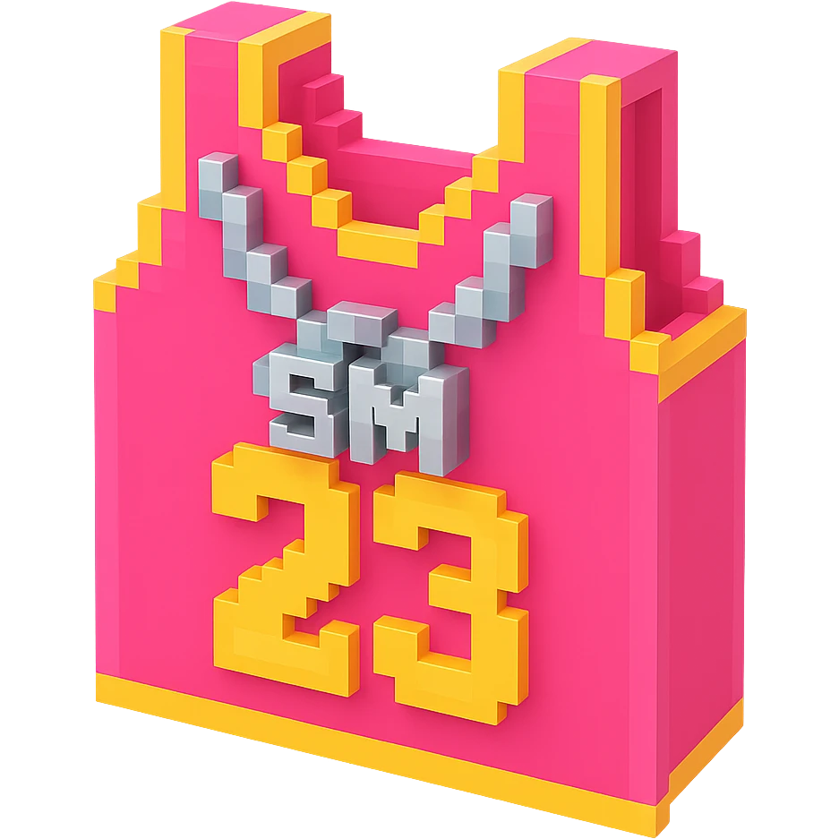 светящейся розовая баскетбольная майка с надписью "23" и серебряная цепь с надписью "SM", no background emoji