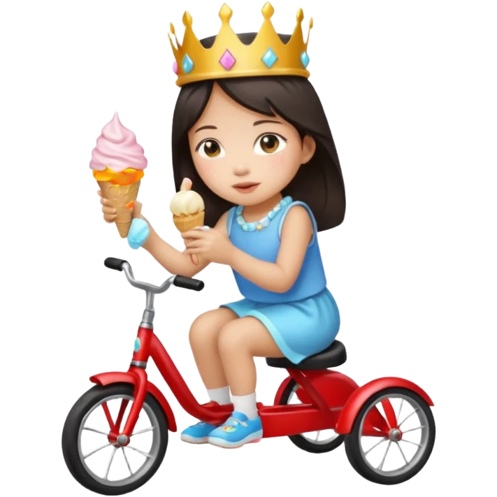 Asian girl riding a tiny tricycle wearing a crown eating ice cream emoji