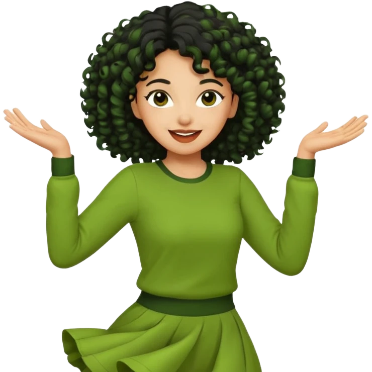 a woman with olive skin tone and curly black hair wearing green and dancing emoji