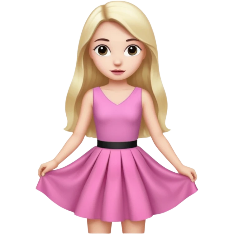 A photo of a white-skinned girl with black eyes and eyebrows and long bare hair, a beautiful pink skirt dress that has a lot of glamour and looks almost like a prince emoji