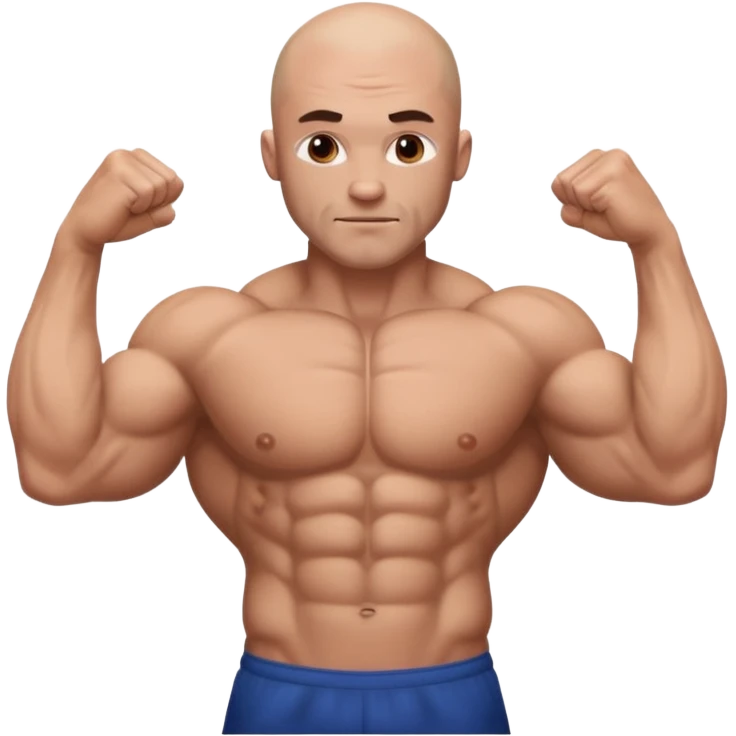 White skin, Shirtless, brown hairy chest, Bodybuilder, big biceps and shoulders. Bald head emoji