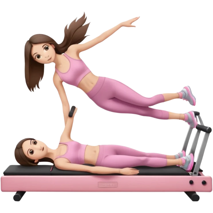 pretty skinny white brunette teen long hair with hazel eyes and a small waist in light pink workout clothes in a plank on a pilates reformer emoji