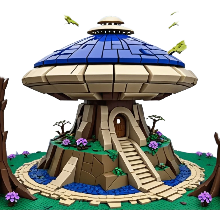 Crashed Alien saucer-castle jungle Lego winding footpath mountainside getaway haunted nighttime hobbit landscape antique mudman very old broken cracked intricate Stone Age lapis-crusted irregular dodecagon-shaped shallow dark moss rough bark violet flowered maple treehouse bonsai Saikei emoji