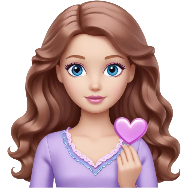 Barbie girl Chestnut long wavy hair and blue eyes is In pale purple clothes a silver heart  emoji