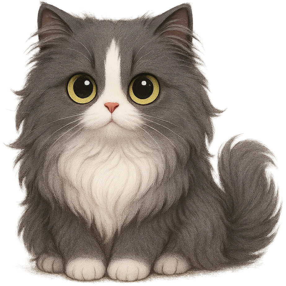 cute Persian cat with long gray fur, white spot on forehead, white chest, big cute yellow-green eyes, adorable style emoji