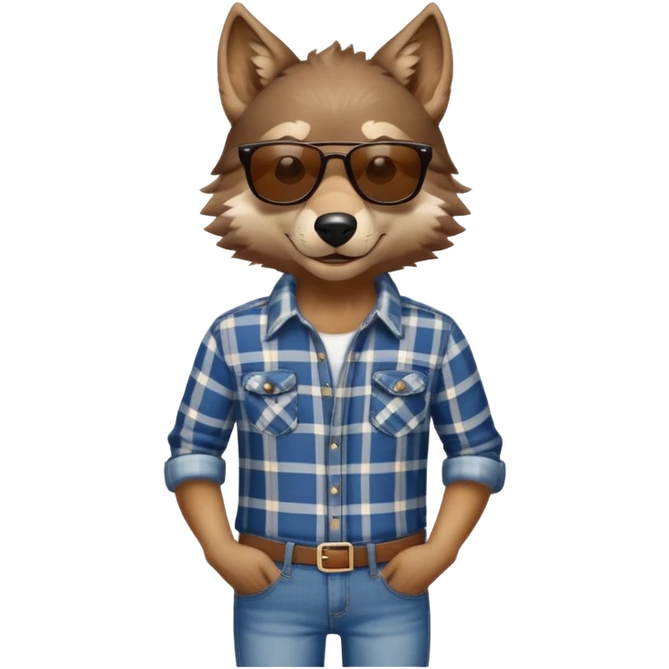 head and shoulders friendly brown-furred anthropomorphised wolf in plaid shirt and jeans, wearing dark sunglasses, relaxed pose emoji