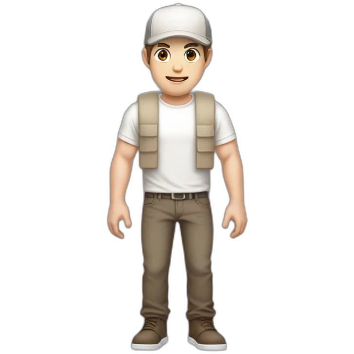 Pale skinned fit Man with dark brown hair in a beige cap, gray jeans, brown polo and white T-shirt keeping a pasted with tape white box into his hands emoji