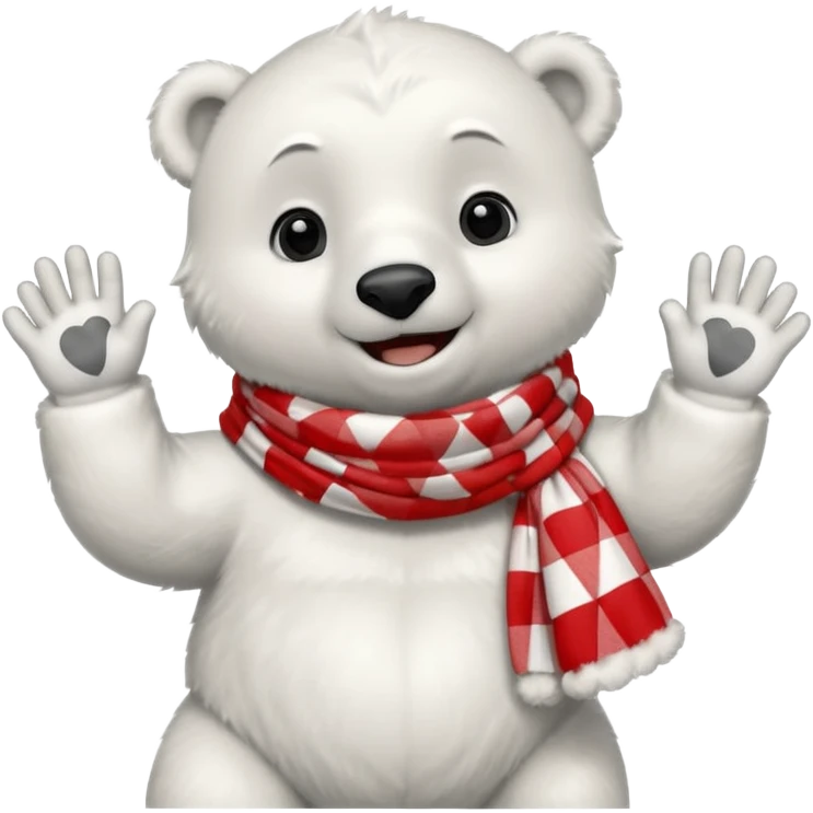 baby Polar Bear, smiling, hi five, wearing red Checkered Triangle scarf emoji