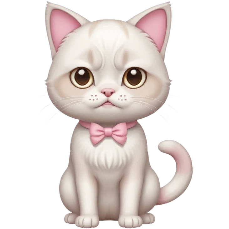 A White grumpy cat with light pink ears and paws and with a bow around its neck. The cat shall be on two legs emoji