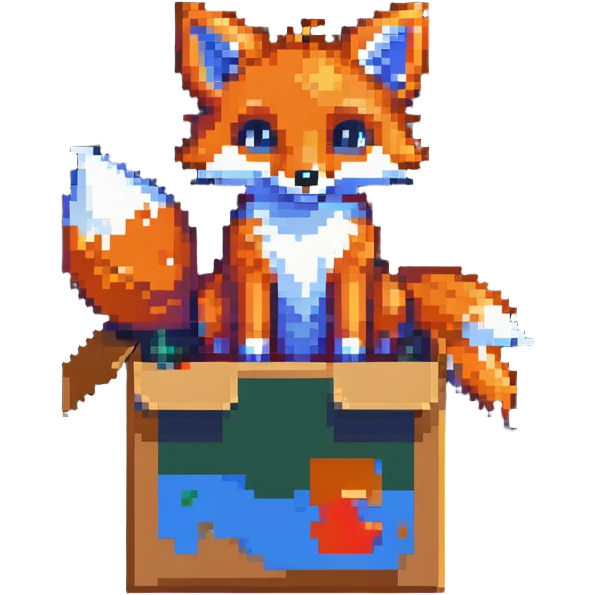 Playful fox sitting in a cardboard box, kids toy aesthetic, pixel art style emoji