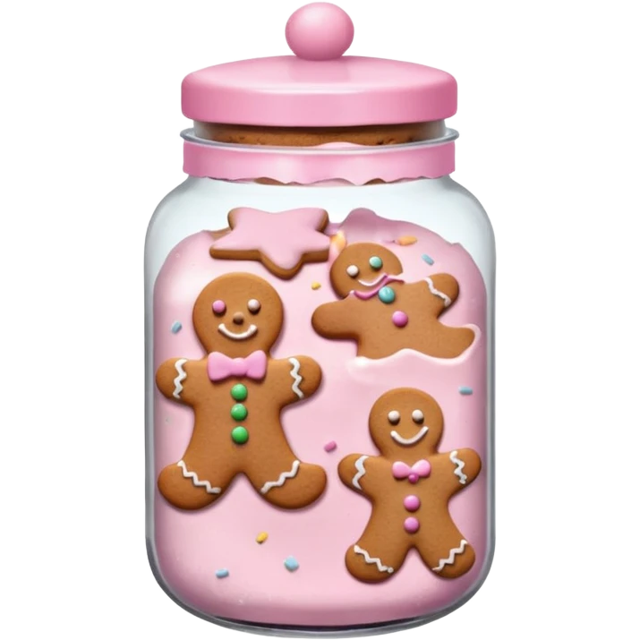 pastel pink christmas cookies in different shapes and one gingerbread man in pastel pink jar with pink lid  emoji