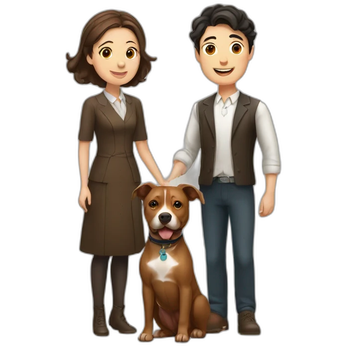 Young Jewish man and Chinese lady with brown Staffordshire terrier dog emoji