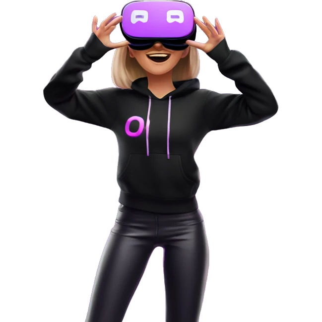 Russian girl wearing black hoody with violet letters "OMG", in vr headset oculus quest2. Dancing. Cyberpunk style. Violet neon. emoji