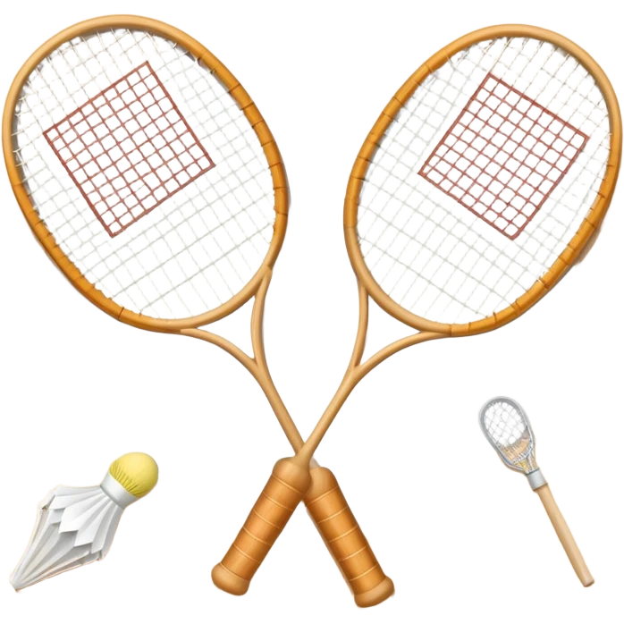Two crossed badminton rackets with a shuttlecock resting in between, set against the faint outline of a badminton court. The image highlights the tools of the sport, with a subtle emphasis on the court's net and boundaries, symbolizing competition and skill. emoji