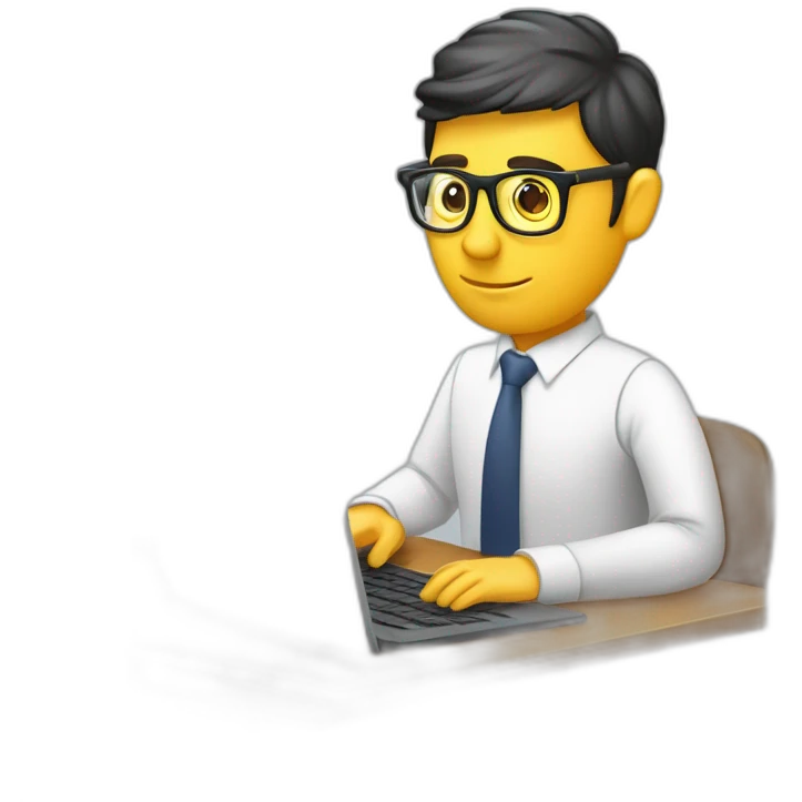 Periodista escribiendo en la computadora con lentes grabadora cámara lápiz y cuaderno emoji