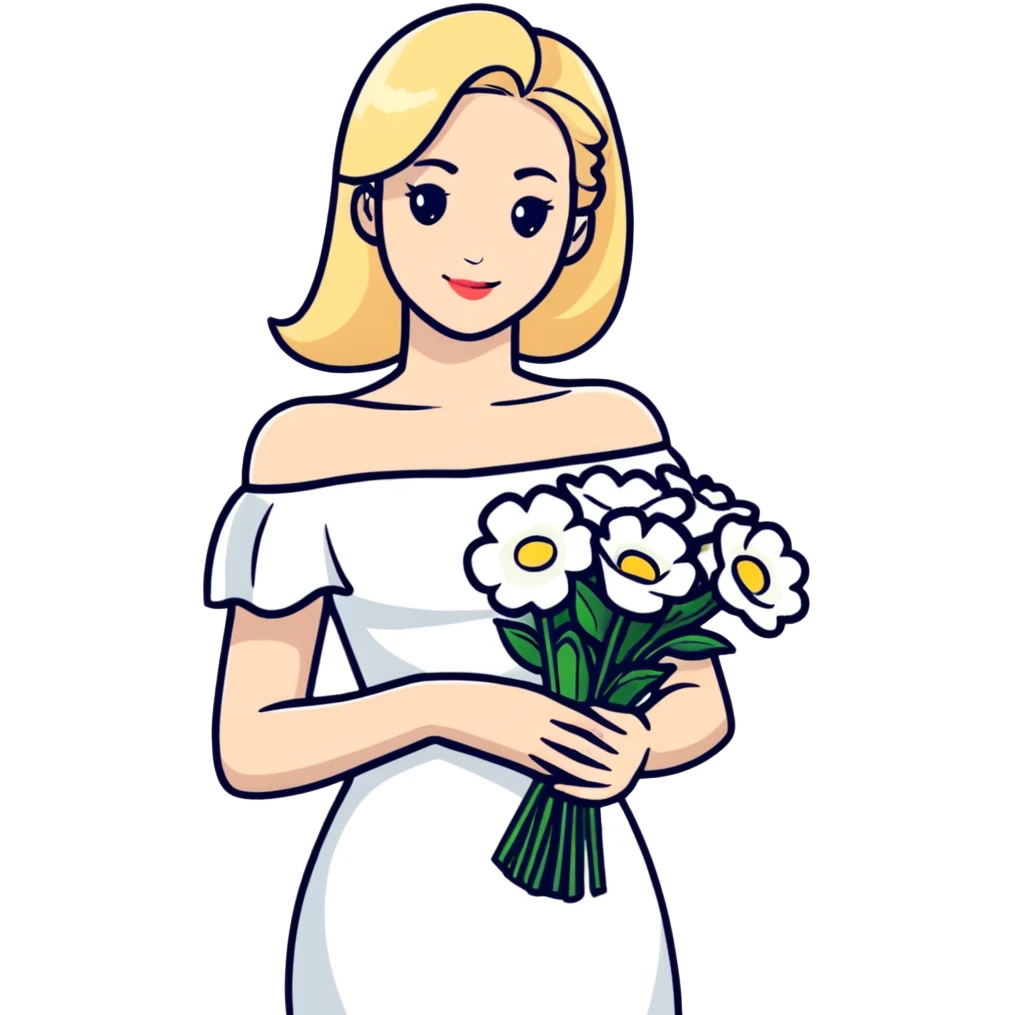 blonde woman in a white off-shoulder dress with a bouquet of white flowers emoji