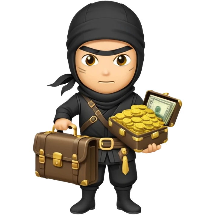 Sneaky ninja character with a treasure briefcase of gold coins and bills emoji