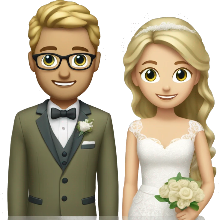 Wedding couple. Bride has brown hair pinned up. She wears lace dress. She has blue eyes. Groom has olive green suit and brown vest. He has blond hair. He wears glasses. He has blue eyes. emoji